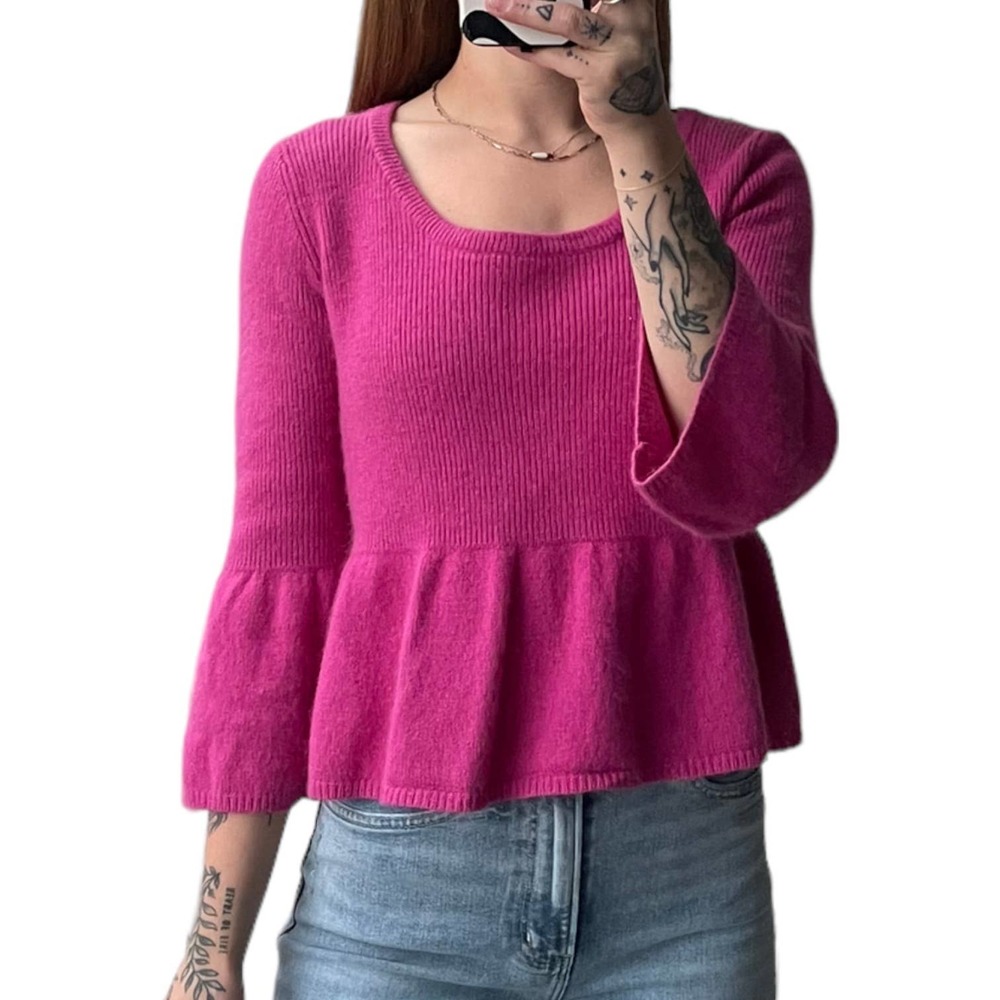y2k Express Pink Angora Wool Blend Peplum Bell Sleeve Sweater - Size M